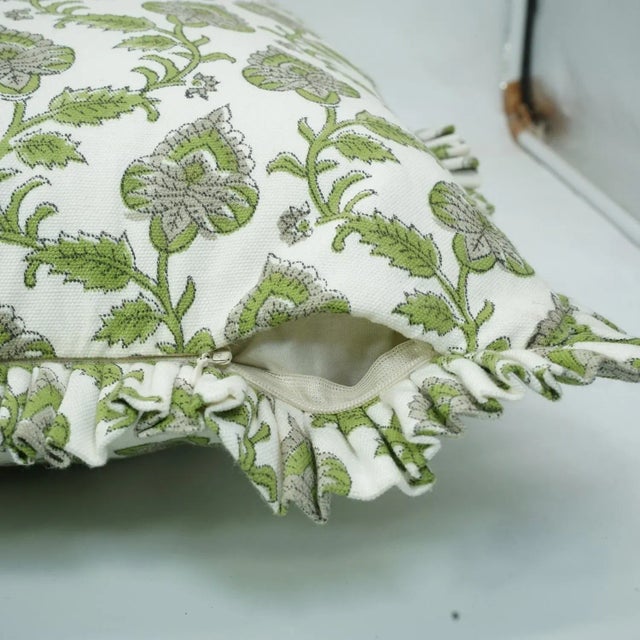 Fabdivine Artistic Block Print Frill Pillow Cover 16x16 Inch Thick Cotton White- Madhubala For Sale - Image 4 of 5
