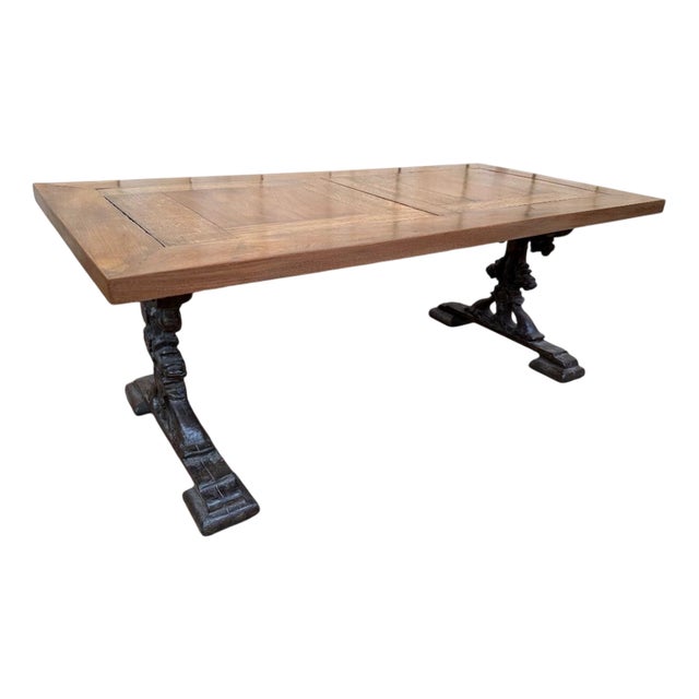 Coffee Table with Cast Iron Legs and Parquet Wood Top For Sale