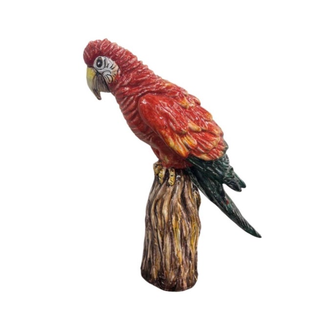 Vintage Italian Hand-Painted Ceramic Scarlet Macaw Parrot Sculpture For Sale - Image 4 of 12