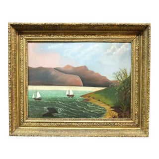 Hudson River School Primitive Folk Art Oil on Board Seascape Painting C1900 For Sale