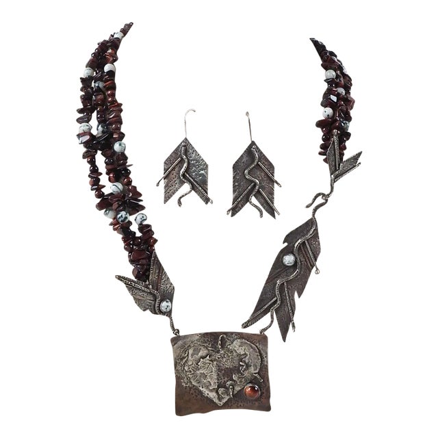 Vintage 1991 Artist Made Sterling Copper Agate Necklace & Earrings For Sale