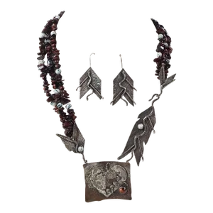 Vintage 1991 Artist Made Sterling Copper Agate Necklace & Earrings
