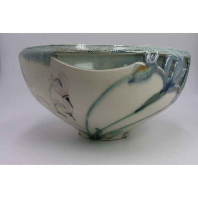 1990s Vintage 1990s Robert Finn Porcelain Studio Art Pottery Cutout Work Iris & Columbine Bowl/Centerpiece Signed For Sale - Image 5 of 10