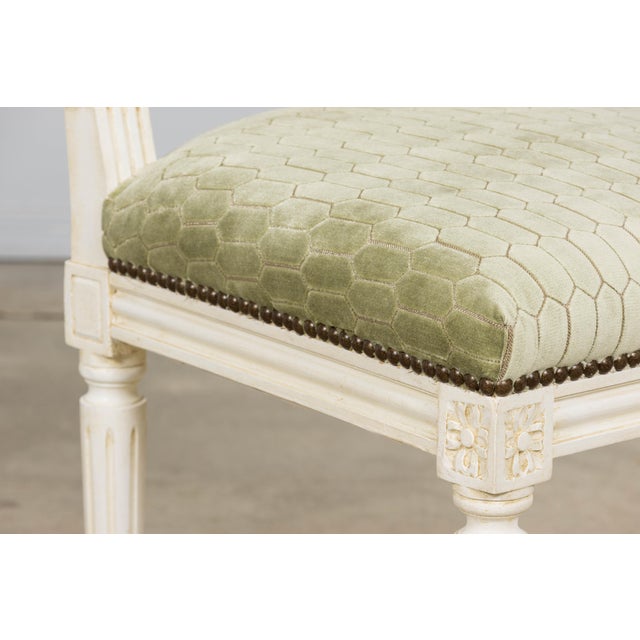 Antique French Louis XVI Style Painted Side Chairs W/ Green Geometric Velvet – A Pair For Sale - Image 11 of 18