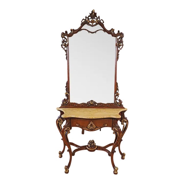 1980s Mahogany Louis XV French Style Marble Top Console With Mirror For Sale