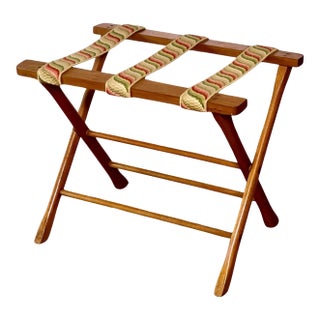 Wooden Luggage Rack With Hand Stitched Embroidered Straps, 1940s For Sale