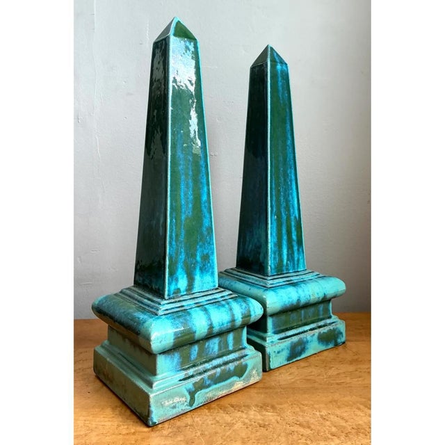 Teal Vintage Blue Glazed Ceramic Obelisks For Sale - Image 8 of 12