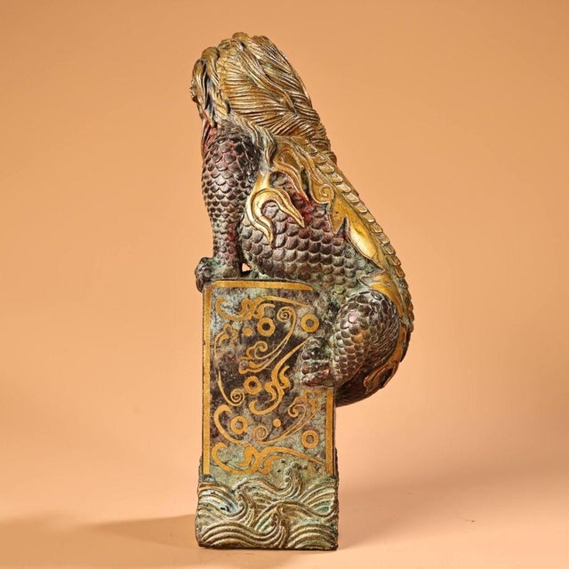 Late 19th Century Late 19th Century Gold-Inlaid Bronze Mythical Beast Statue, 1.4kg For Sale - Image 5 of 9