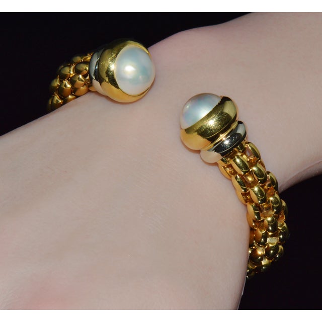Metal Vintage Fope Flex It Solid 18k Gold Pearl Open Cuff Bangle Bracelet For Sale - Image 7 of 13