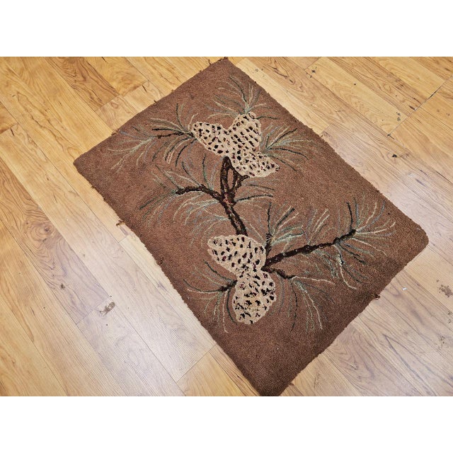 Brown Vintage American Hand Hooked Rug, Handwoven Moth Pattern, Folk Art Tapestry, 2x3 For Sale - Image 8 of 11