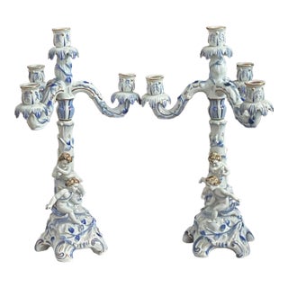 Vintage German Meisen Style Porcelain Figural 2 Parts Candleholders For Sale