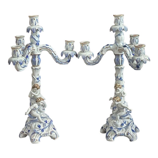 Vintage German Meisen Style Porcelain Figural 2 Parts Candleholders For Sale