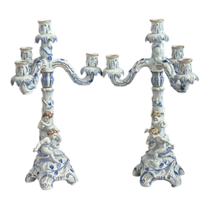 Vintage German Meisen Style Porcelain Figural 2 Parts Candleholders