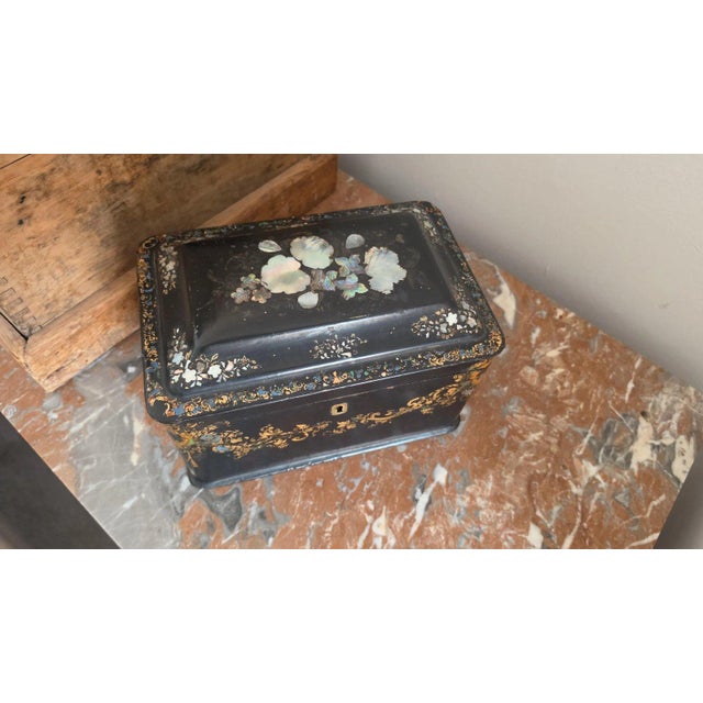 Victorian Antique Victorian Papier Mache Tea Caddy Mother of Pearl Inlay Black Lacquer Box Cut Crystal Mixing Bowl 19th Century For Sale - Image 3 of 17