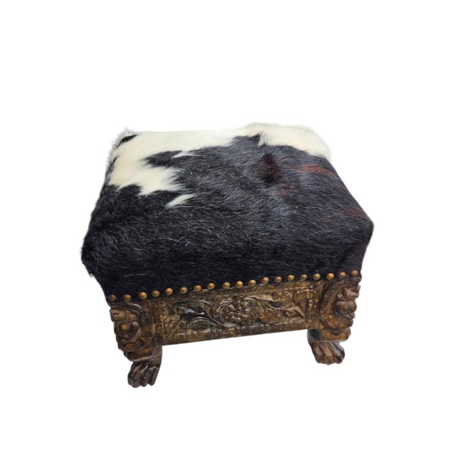 American Oriental Carved Footstool With Cow Leather. For Sale - Image 3 of 11