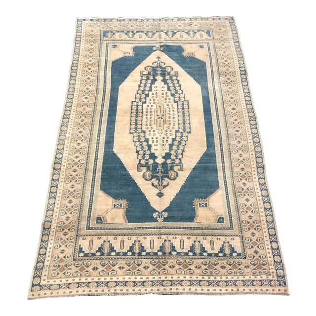 Vintage Medallion Design Faded Turkish Handmade Peach and Blue Rug For Sale