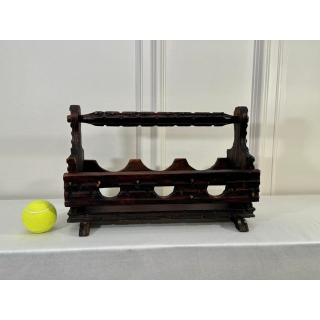 Mid 20th Century Spanish Revival Solid Wood & Brass Three Wine Bottle Holder For Sale - Image 5 of 12