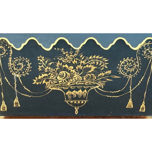 Black Chinoiserie Style Gilt Decorated Black Tole Box With Scalloped Lid by Sarreid For Sale - Image 8 of 12