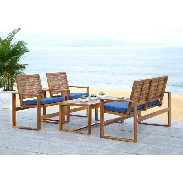 Wood Outdoor Living Set in Brown & Navy - 4 Pieces For Sale - Image 7 of 8