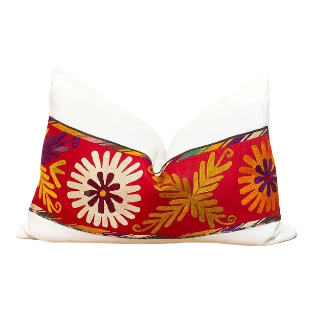 Antique Uzbek Suzani Linen Pillow For Sale