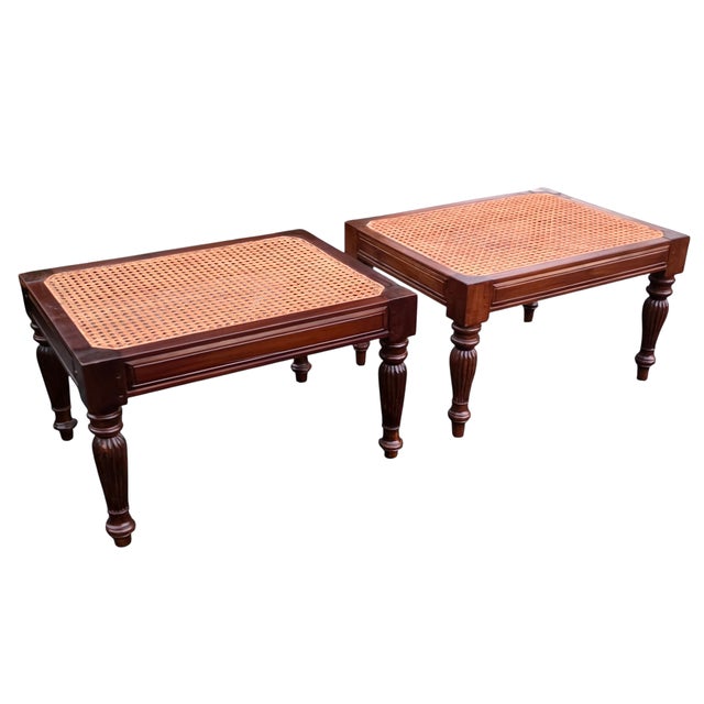 Brown Pair of Vintage British Colonial-Style Hand-Caned Benches / Low Tables For Sale - Image 8 of 12