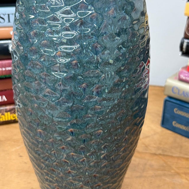 Ceramic Glazed Teal & Amber Textured Ceramic Vase with Narrow Neck For Sale - Image 7 of 10