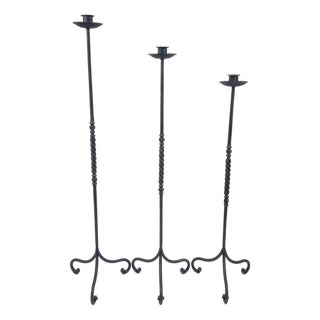 Hand Forged Iron Candelabra Set of 3 (93-113cm) Antique Copper Finish Barley Twist Stem with Socket and Drip Plate For Sale