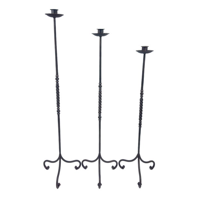 Hand Forged Iron Candelabra Set of 3 (93-113cm) Antique Copper Finish Barley Twist Stem with Socket and Drip Plate For Sale