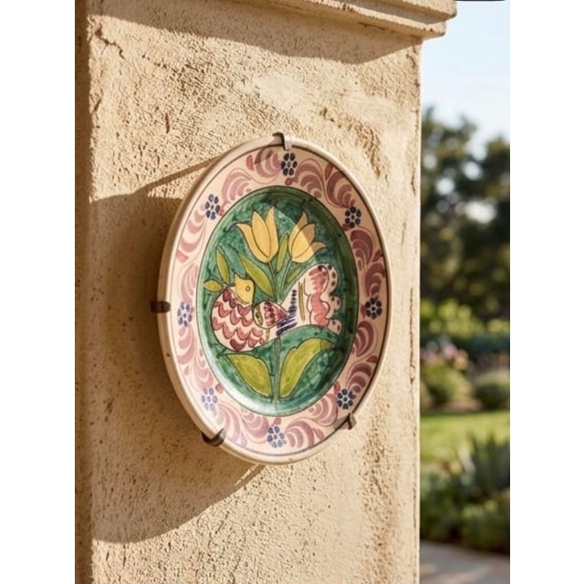 Vintage Hand-Painted Mediterranean Terracotta Ceramic Wall Plate – Bird & Tulip Motif For Sale In West Palm - Image 6 of 12