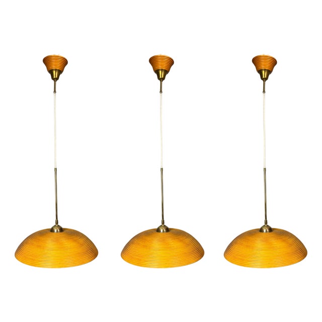 Mid-Century Modern Rattan Bamboo Pendant Lamps, 1970s, Set of 3 For Sale