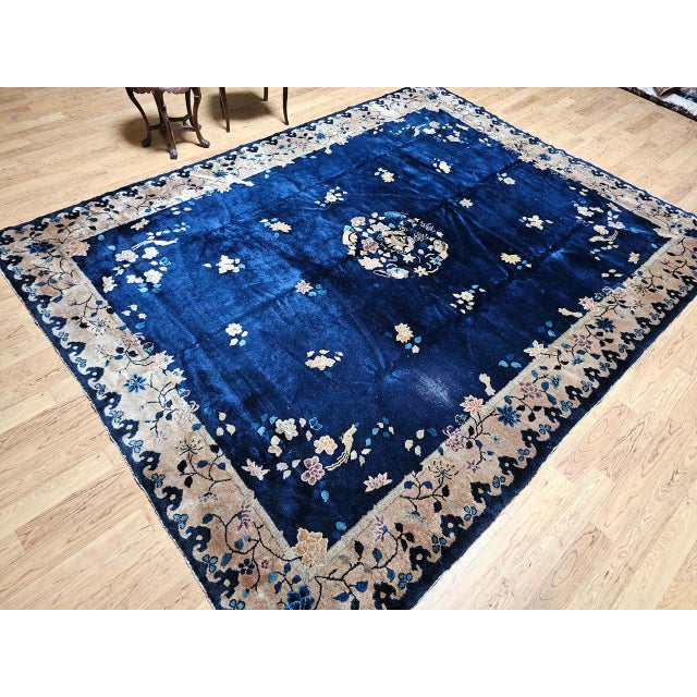 Textile Vintage Room Size Chinese Art Deco Rug, Hand-Knotted Navy Blue, Taupe, 9' x 12' For Sale - Image 7 of 18