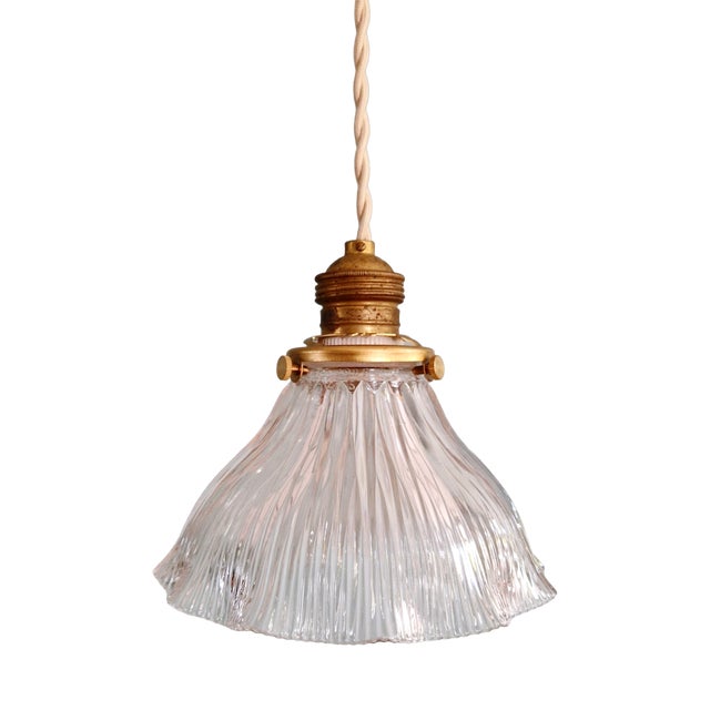 Art Deco Pendant Light in Transparent Grooved Glass from Holophane, 1920s For Sale