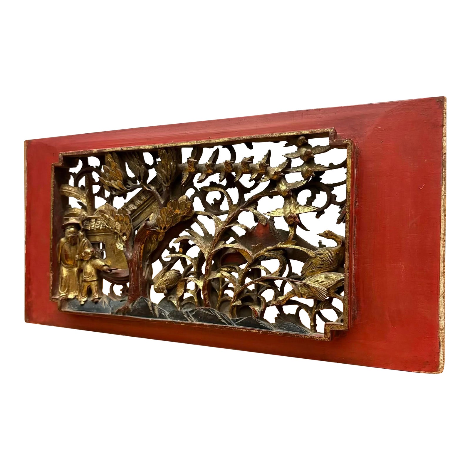 Antique Chinese Gilt Temple Panel With Red Lacquer Frame | Chairish