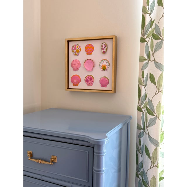Hand-Painted Pink Seashell Art With Rhinestone Details in Gold Floating Frame – 12” X 12” For Sale - Image 4 of 6