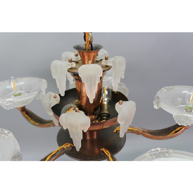 Art Deco French Frosted Glass, Brass, and Copper Chandelier, 1930s For Sale - Image 12 of 18