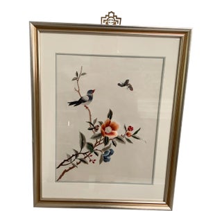 1970s Vintage Framed Asian Hand Embroidered Silk Art For Sale