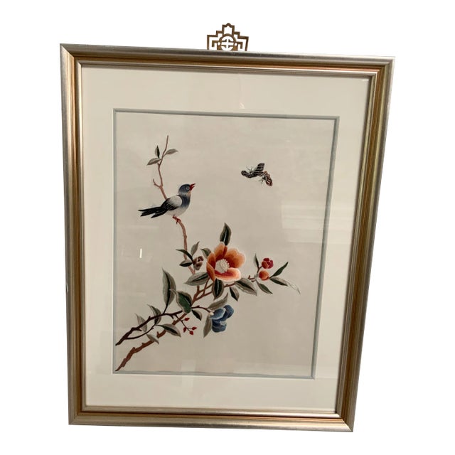 1970s Vintage Framed Asian Hand Embroidered Silk Art For Sale