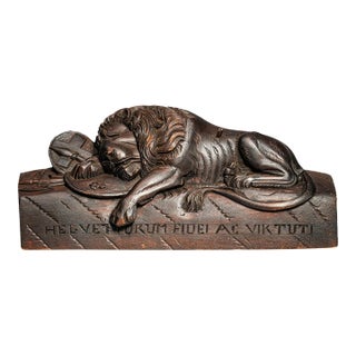 Large 19th Century Antique Lion of Lucerne Grand Tour Wood Sculpture Statue Hand Carved Swiss European Art Switzerland Home Decor For Sale