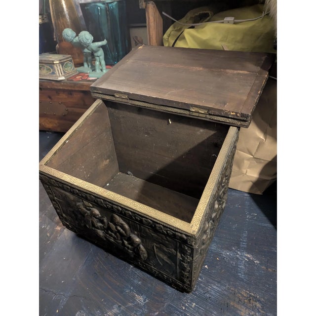 Firewood Box Repousse Antique Brass Wood Storage Container With Lid For Sale - Image 4 of 4