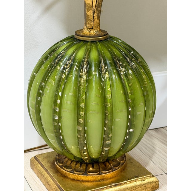 Mid-Century Modern Mid 20th Century Italian Murano Green & Gold Glass Floral Table Lamps - A Pair For Sale - Image 3 of 10