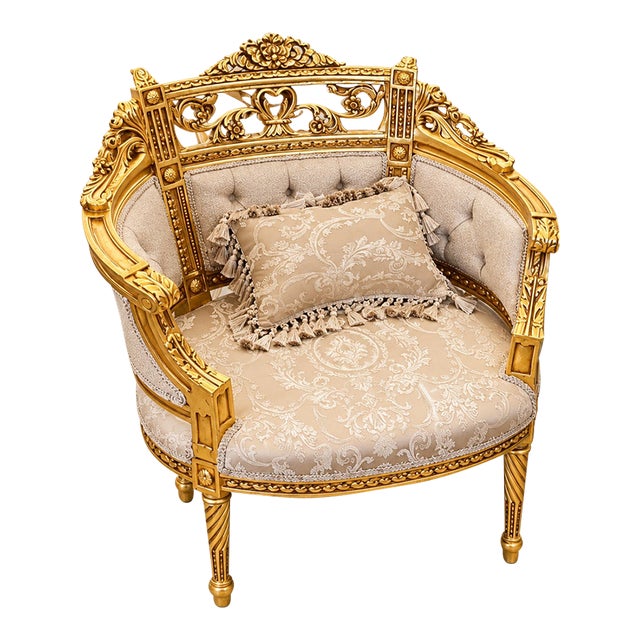 French Louis XVI Style Armchair – Beige Damask Upholstery, Tufted Back & Ornate Gold Leaf Frame For Sale