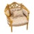 French Louis XVI Style Armchair – Beige Damask Upholstery, Tufted Back & Ornate Gold Leaf Frame For Sale