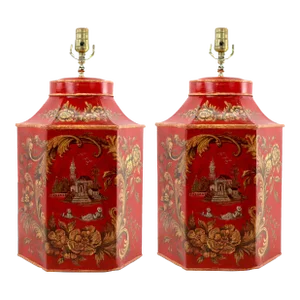 Vintage English Export Tea Caddy Hand Painted Table Lamp / Vintage Table Lamp
