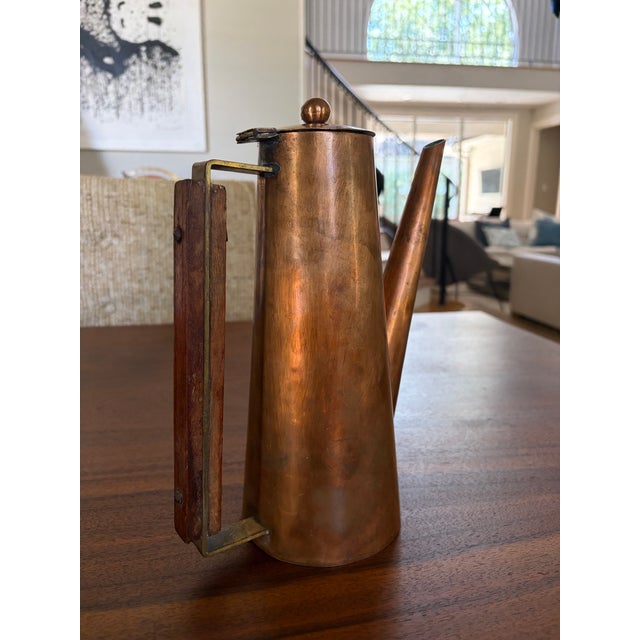 Coffee 1960s Handcrafted Mid-Century Modern Copper Coffee Service Artisan Studio Brass & Wood Sculptural Design - Set of 3 For Sale - Image 8 of 18