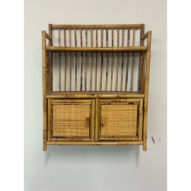 Bloomingdale's 1970s British Colonial Style Burnt Bamboo and Cane Hanging Cabinet/ Shelf For Sale - Image 4 of 9