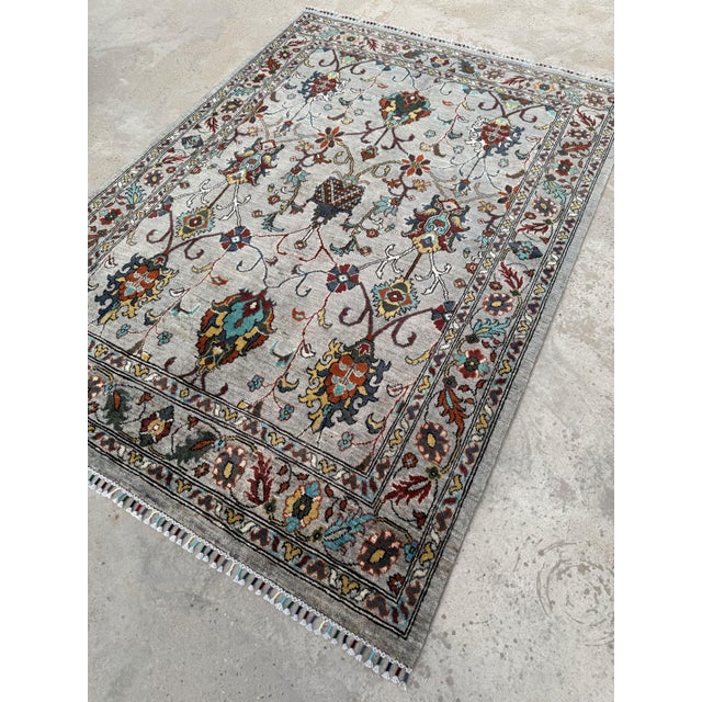 Ziegler Design Area Rug, Hand-Knotted Wool, Floral, 5x7, Silver & Teal For Sale - Image 11 of 12