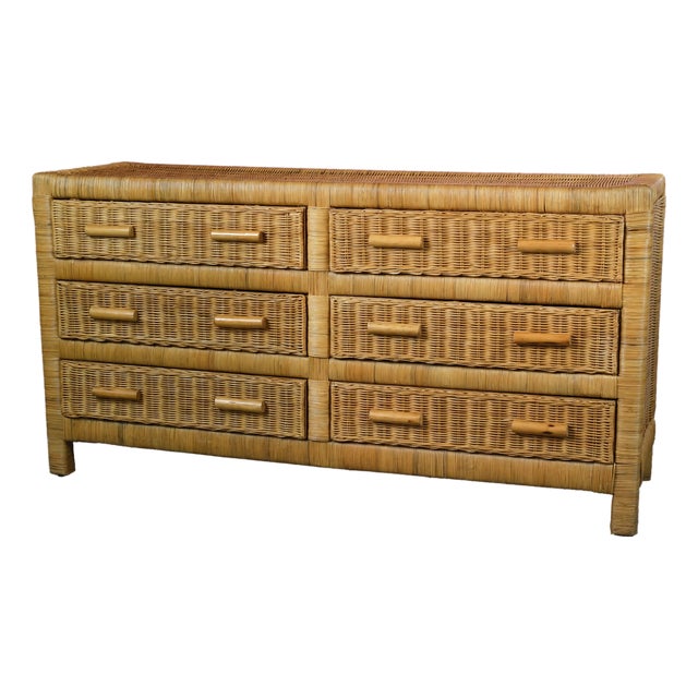 1960s Woven Rattan and Bamboo Double Dresser For Sale