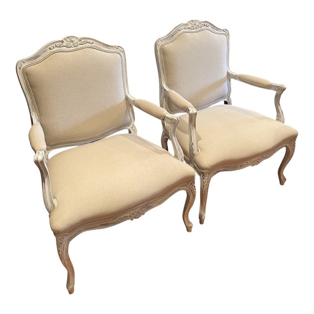 Louis XV Style Whitewashed and Upholstered Chairs in Belgian Linen - A Pair, 20th Century For Sale