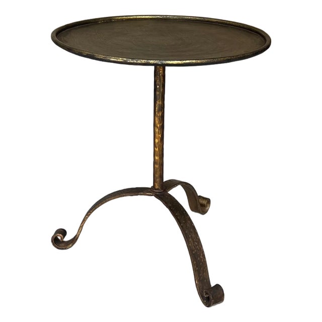 Vintage Inspired Spanish Gilt Iron Drinks Table With Rolled Rim and Hammered Tripod Base For Sale