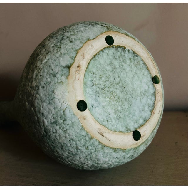 Ceramic Vintage Mid Century Modern Textured Studio Pottery Turquoise Pitcher Vase For Sale - Image 7 of 8